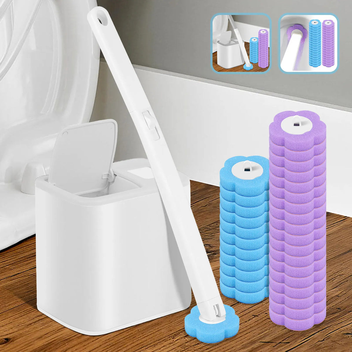 Brosse de toilette à manche long avec têtes jetables et support mural