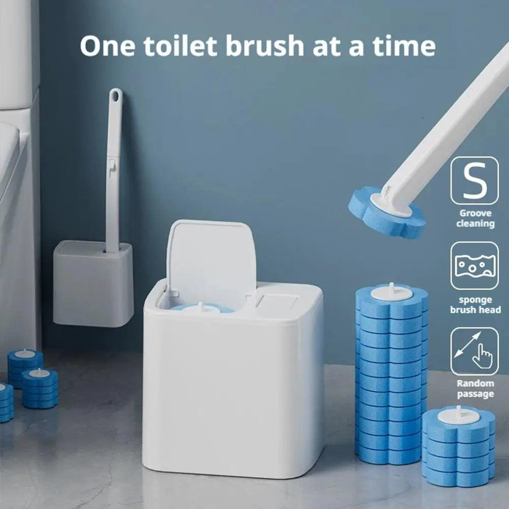 Brosse de toilette à manche long avec têtes jetables et support mural