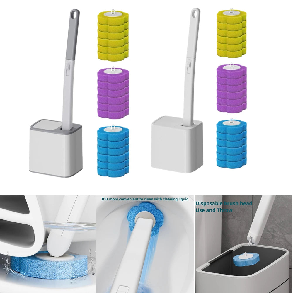 Brosse de toilette à manche long avec têtes jetables et support mural