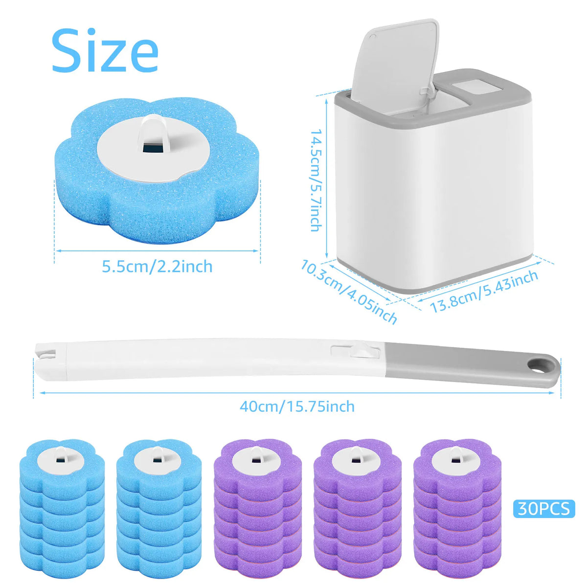 Brosse de toilette à manche long avec têtes jetables et support mural