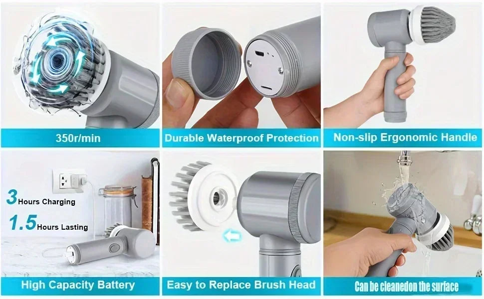 Brosse électrique rotative sans fil avec cinq têtes de nettoyage