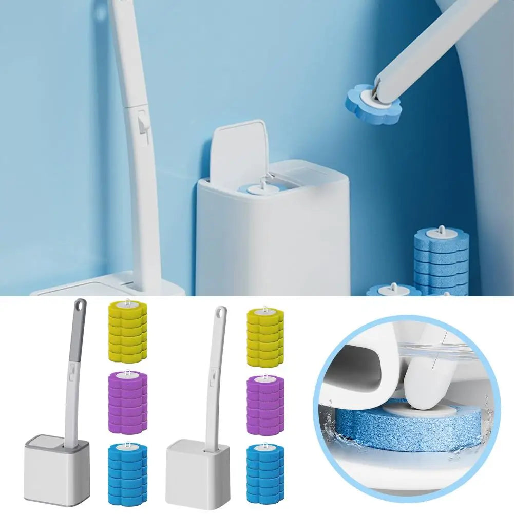 Brosse de toilette à manche long avec têtes jetables et support mural