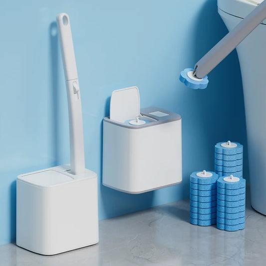 Brosse de toilette à manche long avec têtes jetables et support mural